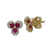 Boucles d'Oreilles Clou Classique Floral Or Jaune 375 Rubis et Diamant