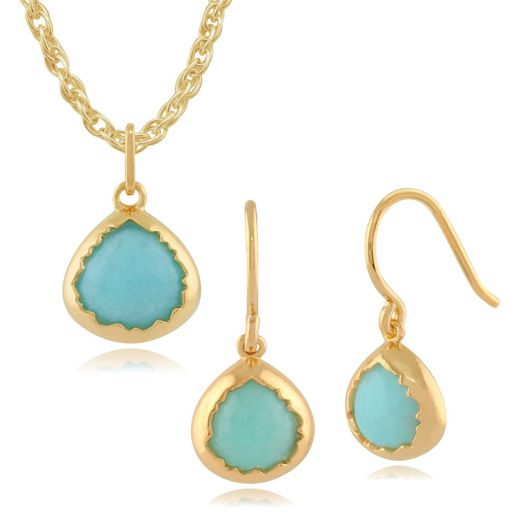 Pendentif et Boucles d'Oreilles Pendantes Boho Argent 925 Plaqué Or Jaune Amazonite Poire serti Clos