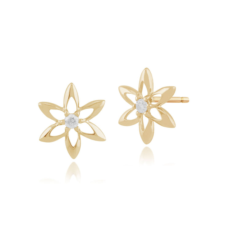 Boucles d'Oreilles Clou Floral Or Jaune 375 Diamant Rond