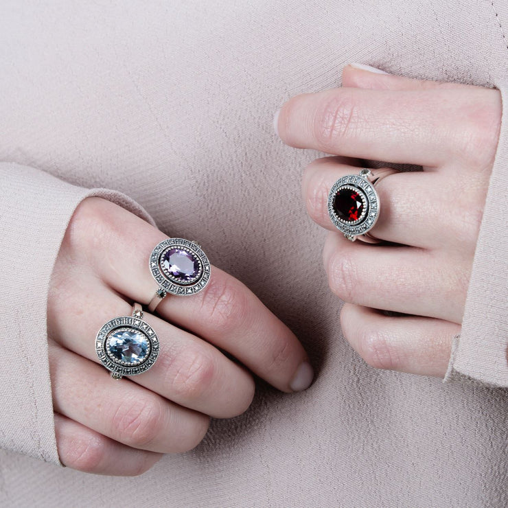 gemondo ARGENT STERLING Améthyste & Marcassite style ancien Bague grappe