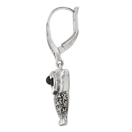 Pendentif et Boucles d'Oreilles Pendantes Chouette Style Art Nouveau Argent 925 Onyx Noir Ronde