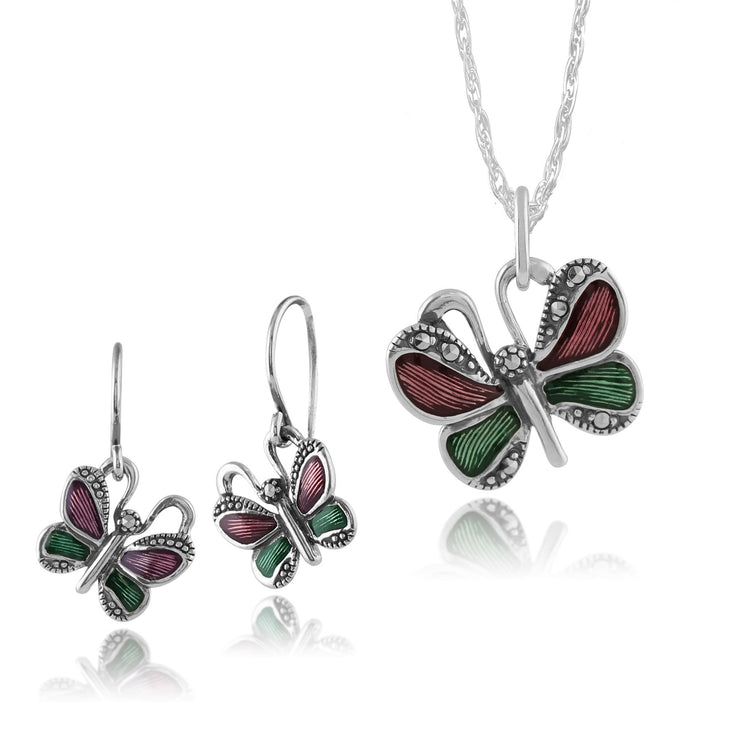 Collier et Boucles d'Oreilles Pendantes Papillon Style Nouveau Argent 925 Marcassite et Email