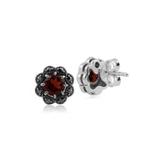 Boucles d'Oreilles Clou Floral Argent 925 Grenat et Marcassite Style Cluster