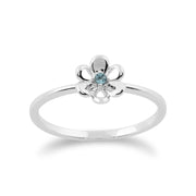 Set de Trois Bagues Empilables Floral Or Blanc 375 Topaze Bleue et Diamant Papillion et Fleurs
