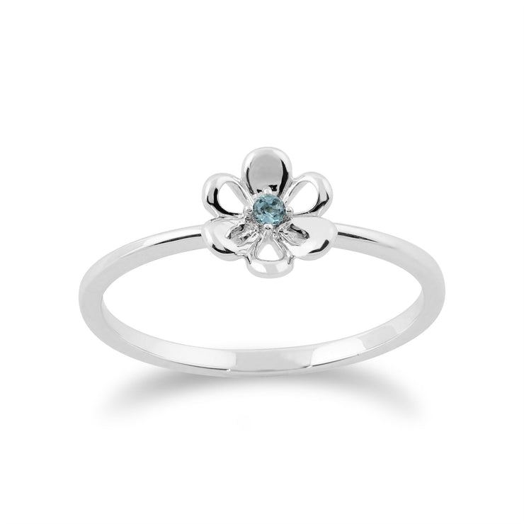 Set de Trois Bagues Empilables Floral Or Blanc 375 Topaze Bleue et Diamant Papillion et Fleurs