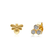 Boucles d'Oreilles Clou Asymétriques Abeilles Collection Honeycomb Or Jaune 375 Diamant