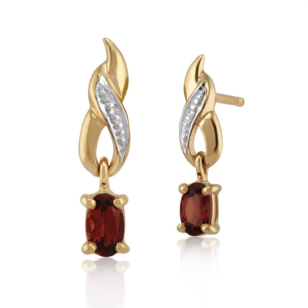 Boucles d'Oreilles Pendantes Classique Or Jaune 375 Grenat Oval et Diamant