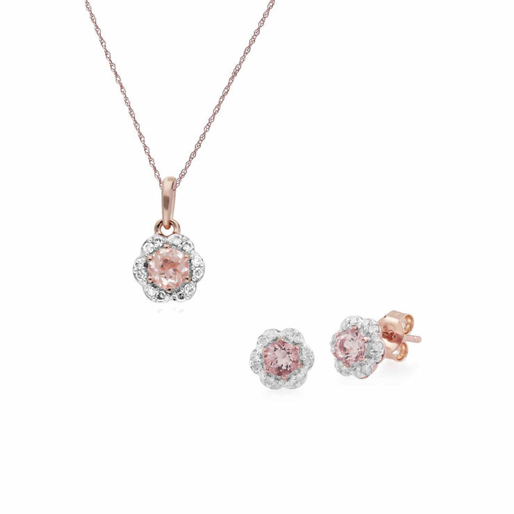 Pendentif et Boucles d'Oreilles Clou Floral Or Rose 375 Morganite et Diamant Ronds