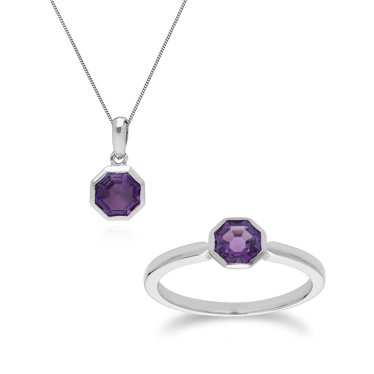 Bague et Pendentif Géométrique Argent 925 Améthyste Octogonal