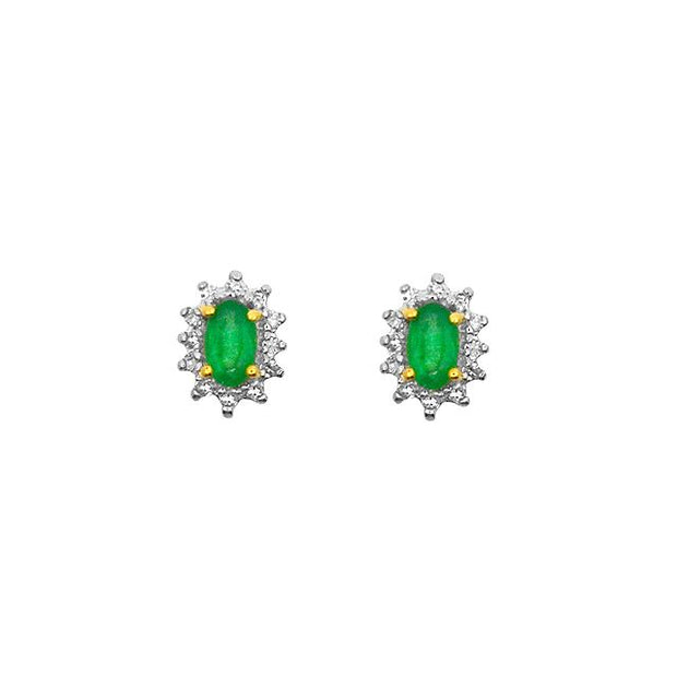 Pendentif et Boucles d'Oreilles Clou Oval Classique Or Jaune 375 Emeraude et Diamant Halo