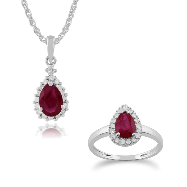 Bague et Pendentif Classique Or Jaune 375 Rubis Poire et Diamant Halo
