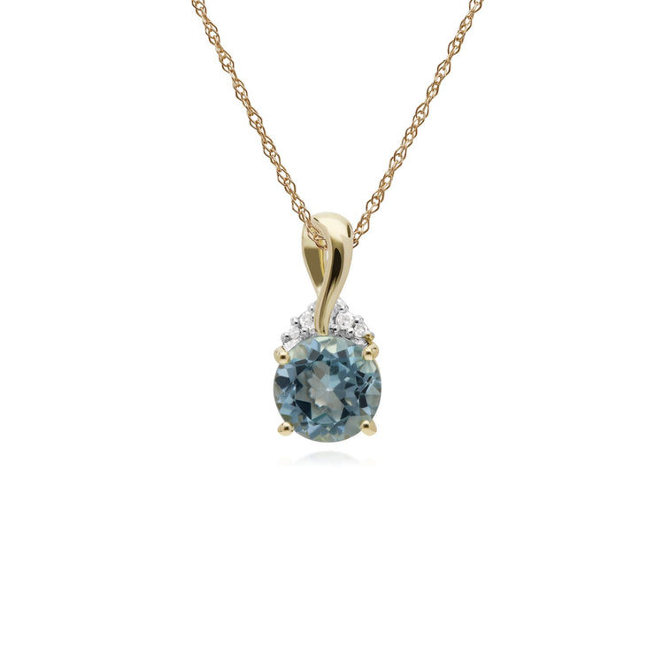 Topaze Collier, 9 CT or Jaune Rond Topaze Bleu et Diamant Baiser Pendentif sur 45cm Chaîne