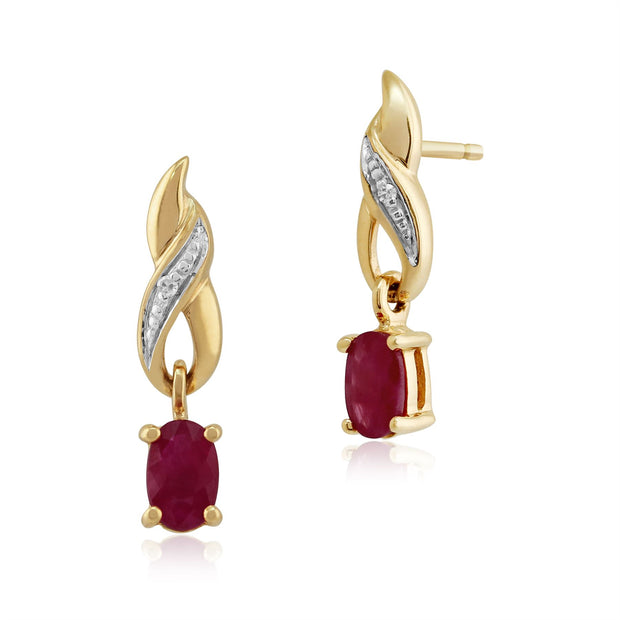 Pendentif et Boucles d'Oreilles Pendantes Torsadées Classique Or Jaune 375 Rubis Oval et Diamant