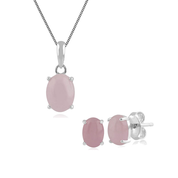 Boucles d'Oreilles Clou et Pendentif Classique Argent 925 Kunzite Opaque Oval