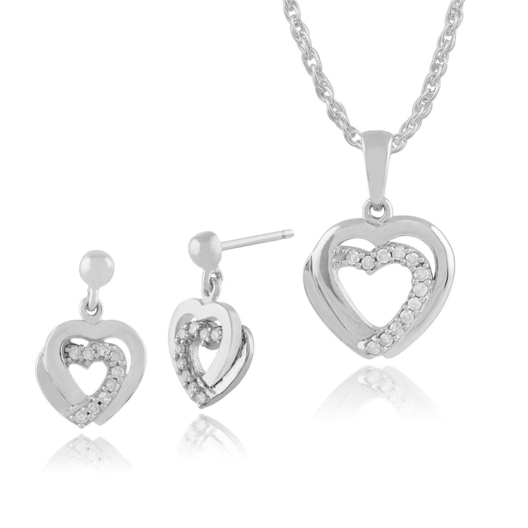 Pendentif et Boucles d'Oreilles Pendantes  Double Cœur Classique Or Blanc 375 Diamant Rond
