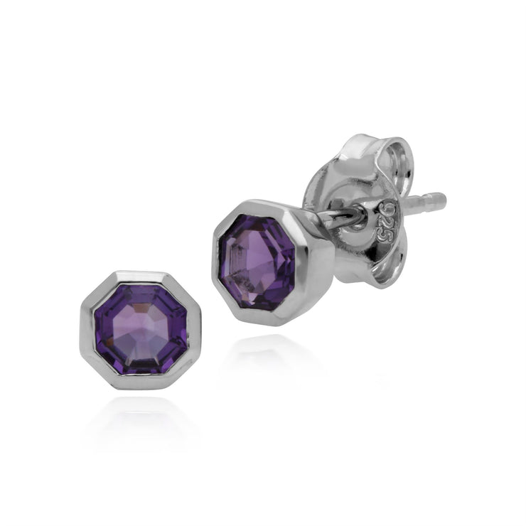 Bague et Boucles d'Oreilles Clou Géométrique Argent 925 Améthyste Octogonal