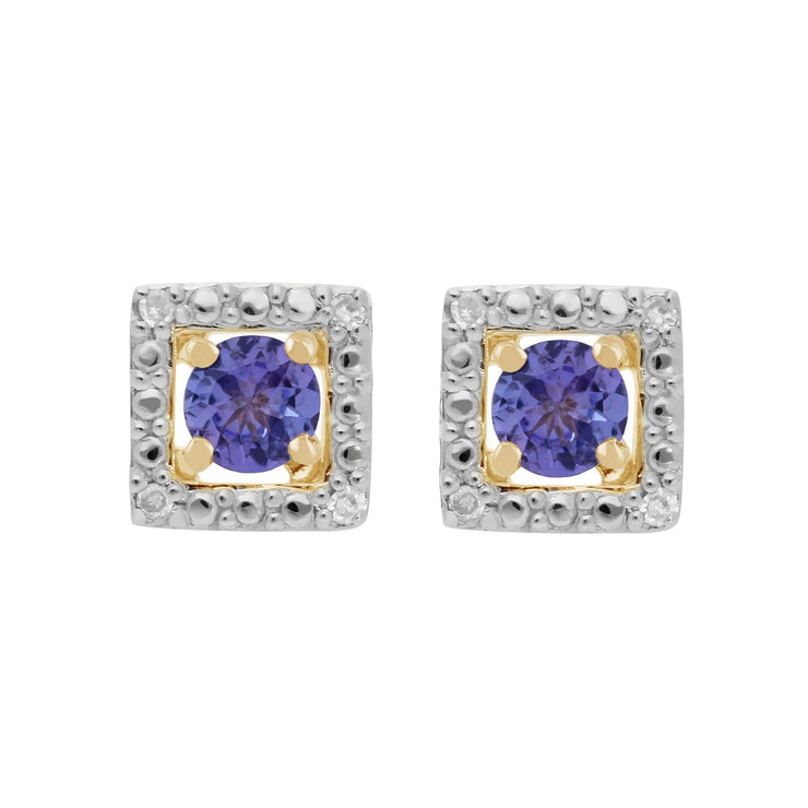 Boucles d'Oreilles Clou Tanzanite Classique Or Jaune 375 et Ear-Jacket Carré Diamant