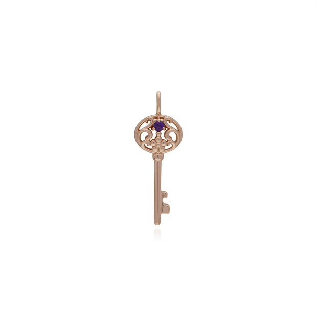 Pendentif Classique Cadenas Cœur Argent 925 Plaqué Or Rose et Charms Grande Clé Améthyste