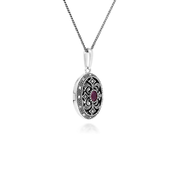 Collier Porte-Photo Style Art Nouveau Argent 925 Rubis Oval