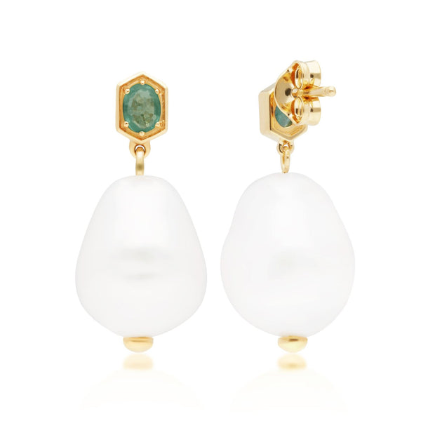 Boucles d'Oreilles Pendantes Moderne Argent 925 Plaqué Or Perle Baroque et Emeraude
