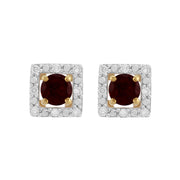 Boucles d'Oreilles Clou Grenat Classique Or Jaune 375 et Ear-Jacket Carré Diamant