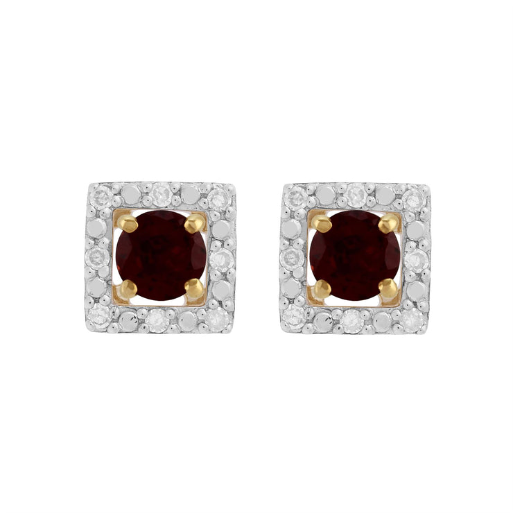 Boucles d'Oreilles Clou Grenat Classique Or Jaune 375 et Ear-Jacket Carré Diamant