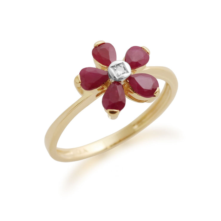 Bague Florale Or Jaune 375 Rubis et Diamant