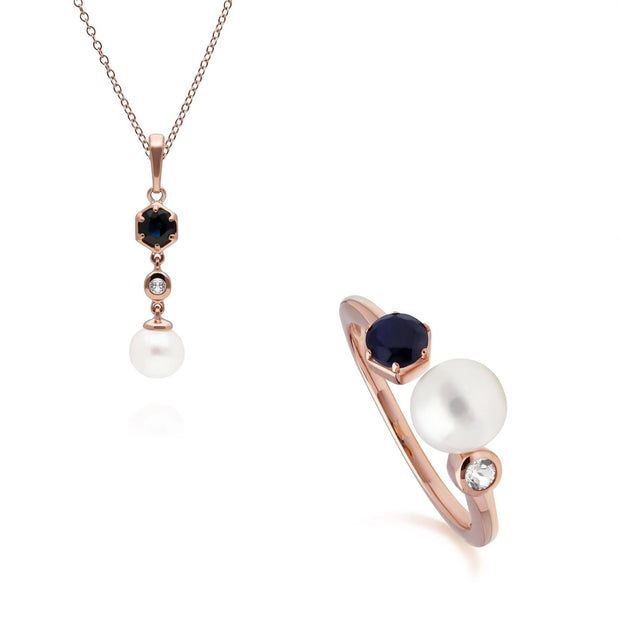 Bague et Pendentif Perle Moderne Argent 925 Plaqué Or Rose Perle, Saphir et Topaze