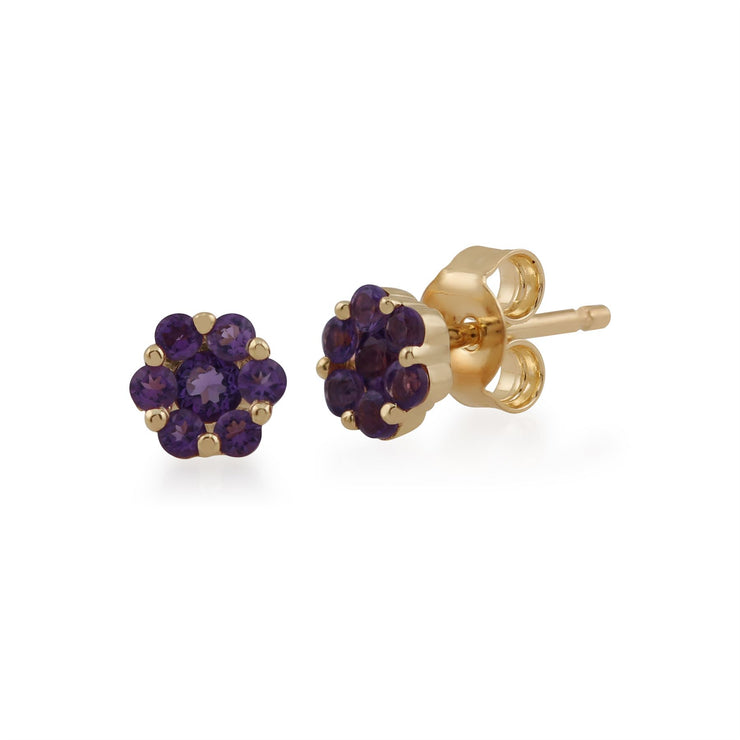 Boucles d'Oreilles Clou Floral Or Jaune 375 Améthyste Style Cluster