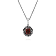 Pendentif et Boucles d'Oreilles Clou Style Art Déco Argent 925 Grenat et Marcassite Cluster Oval