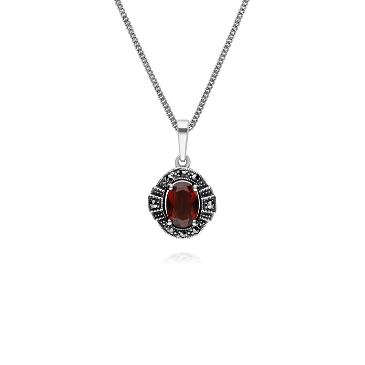 Pendentif et Boucles d'Oreilles Clou Style Art Déco Argent 925 Grenat et Marcassite Cluster Oval