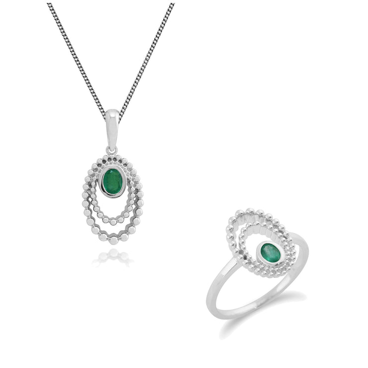 Pendentif et Bague Classique Argent 925 Emeraude Ronde Halo Oval serti Clos