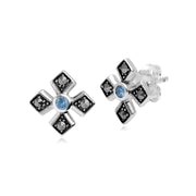 Boucles d'Oreilles Clou Croix Gothique Style Art Déco Argent 925 Topaze Bleue et Marcassite