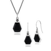 Pendentif et Boucles d'Oreilles Pendantes Géométrique Argent 925 Onyx Noire Hexagonal