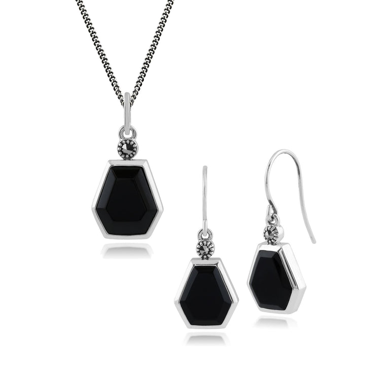 Pendentif et Boucles d'Oreilles Pendantes Géométrique Argent 925 Onyx Noire Hexagonal
