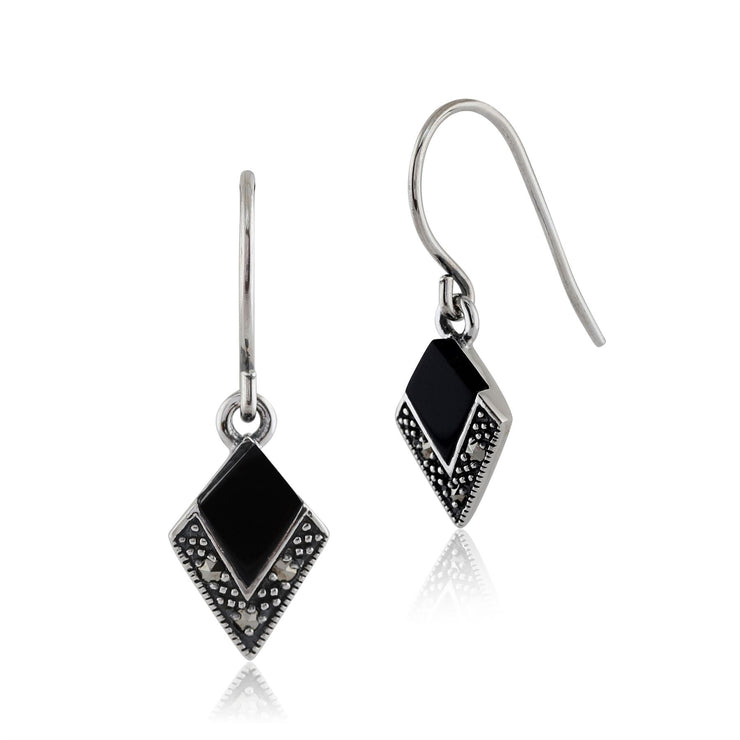 Boucles d'Oreilles Pendantes Style Art Déco Argent 925 Onyx Noir et Marcassite