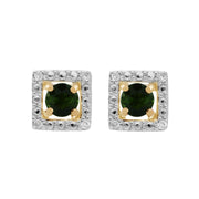 Boucles d'Oreilles Clou Tourmaline Verte Classique Or Jaune 375 et Ear-Jacket Carré Diamant
