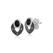 Boucles d'Oreilles Clou Style Art Déco Argent 925 Saphir Oval et Marcassite