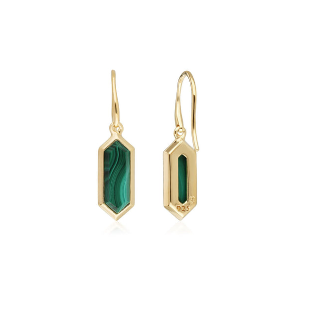 Boucles d'oreilles Pendantes Géométrique Hexagone Argent 925 Plaqué Or Malachite