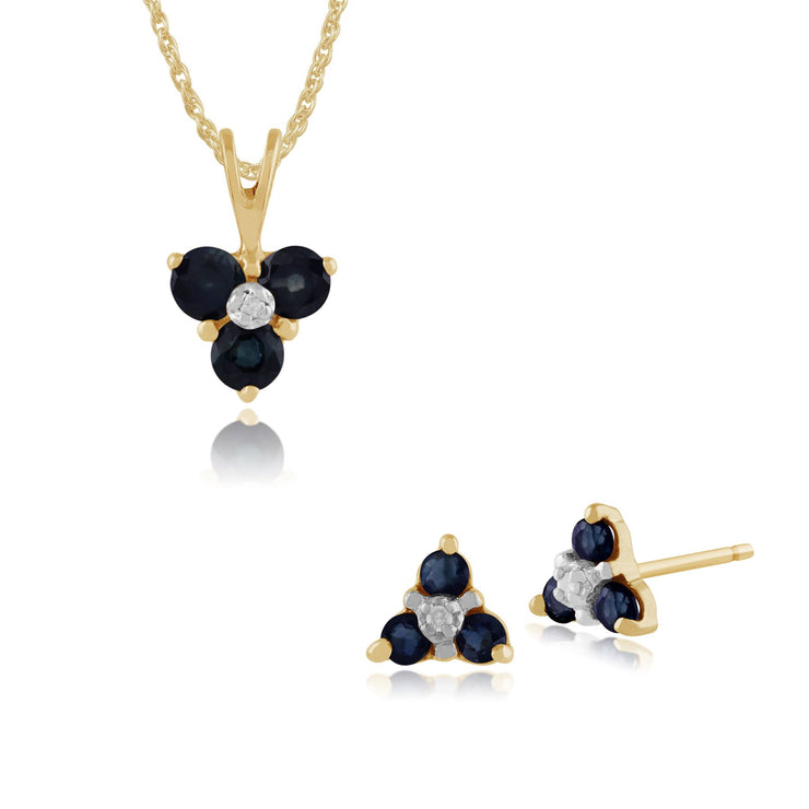 Pendentif et Boucles d'Oreilles Clou Floral Or Jaune 375 Saphir Rond et Diamant
