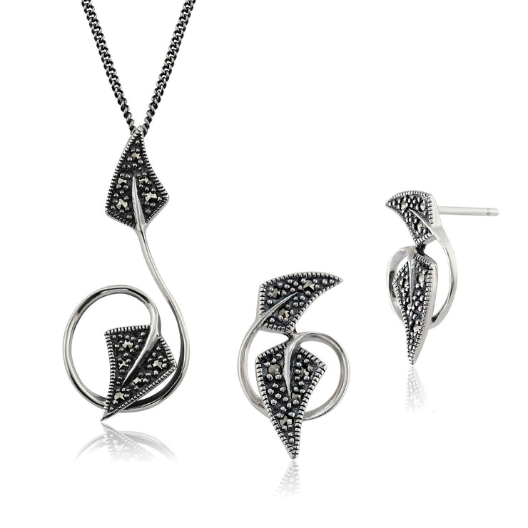 Pendentif et Boucles d'Oreilles Clou Feuille Torsadée Argent 925 Marcassite Rond
