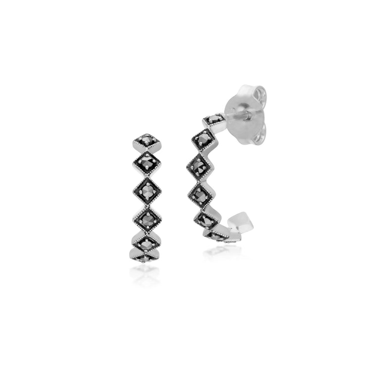 s en Argent Sterling 925 Marcassite Carré Demi Arceau Boucles D'Oreilles