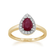 Boucles d'Oreilles Clou et Bague Classique Or Jaune 375 Rubis Poire et Diamant Halo