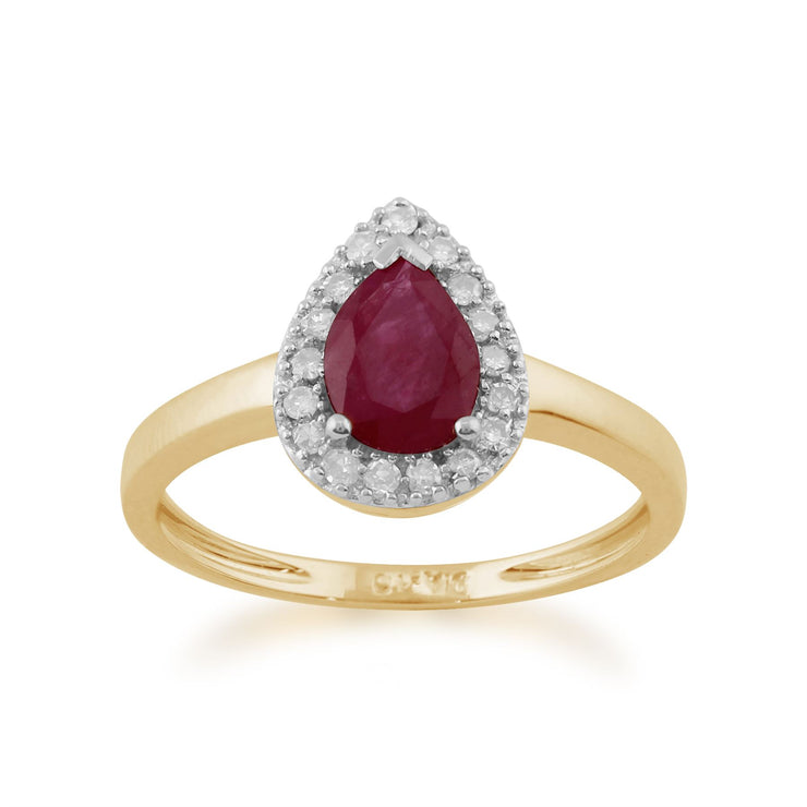 Boucles d'Oreilles Clou et Bague Classique Or Jaune 375 Rubis Poire et Diamant Halo