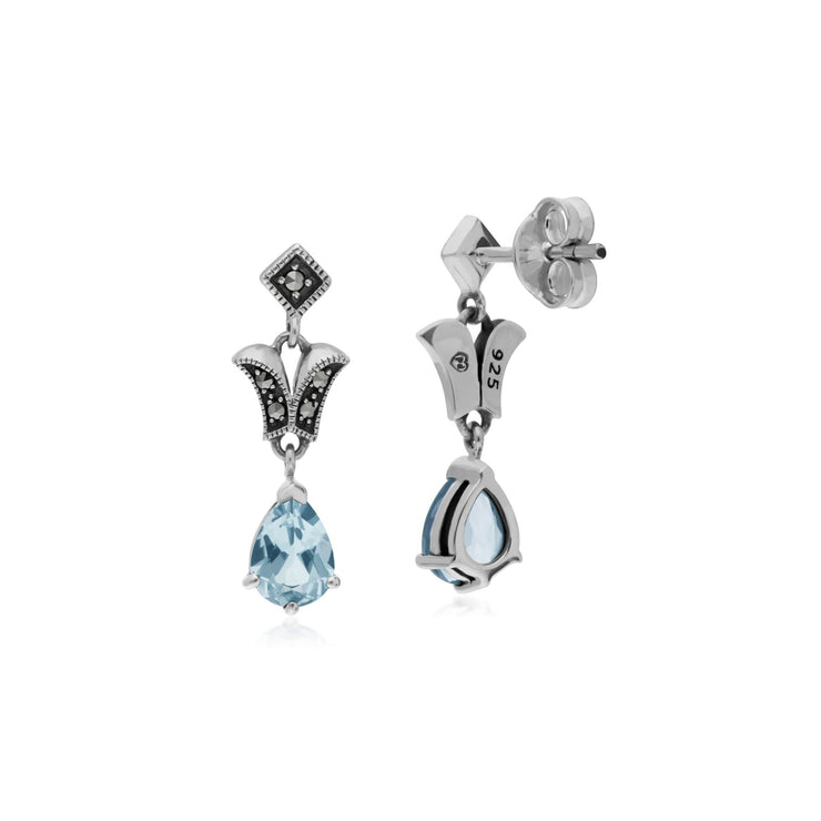 Topaze Boucles D'Oreilles, Argent Sterling Topaze Bleu & Marcassite Poire Art Nouveau Boucles D'Oreilles Goutte