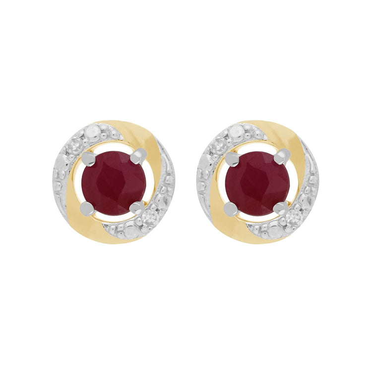 Boucles d'Oreilles Clou Rubis Classique Or Blanc 375 et Ear-Jacket Halo Diamant Or Jaune 375
