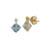 Boucles d'Oreilles Clou Classique Or Jaune 375 Topaze Bleue Carrée et Diamant