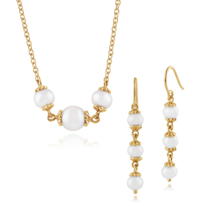 Collier et Boucles d'Oreilles Pendantes Classique Argent 925 Plaqué Or Trois Perles
