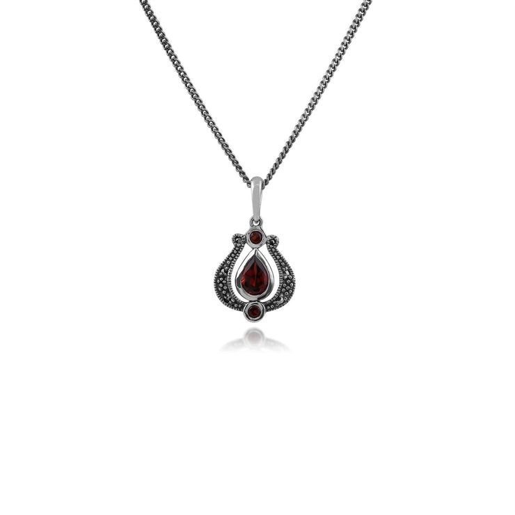 Collier Tulipe Style Art Nouveau Argent 925 Grenat Poire et Marcassite