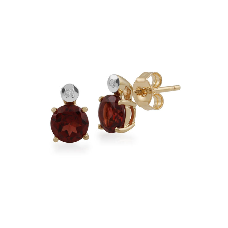 Boucles d'Oreilles Clou Classique Or Jaune 375 Grenat Rond et Diamant